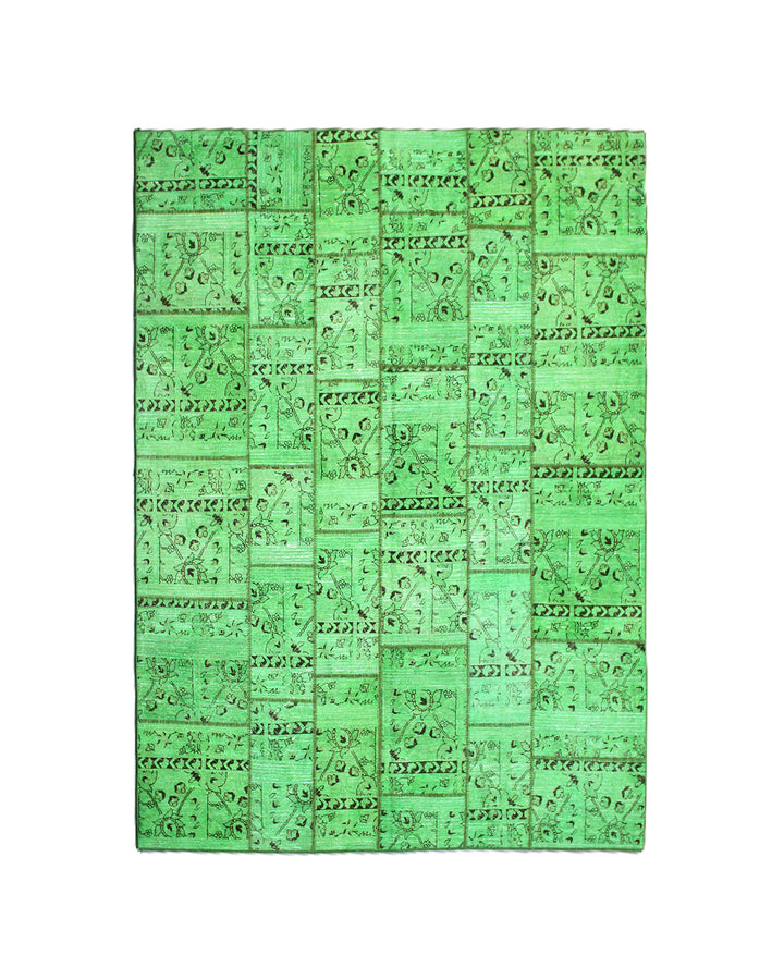 Green Wool Area Rug, 7x10 Area Rug, Patchwork Wool Rug, Overdyed Area Rug, Hand-Knotted Rug, Modern Vintage Rug, Green Patchwork Rug, Luxury Wool Rug, Vibrant Green Rug, Hand-Knotted Wool Rug