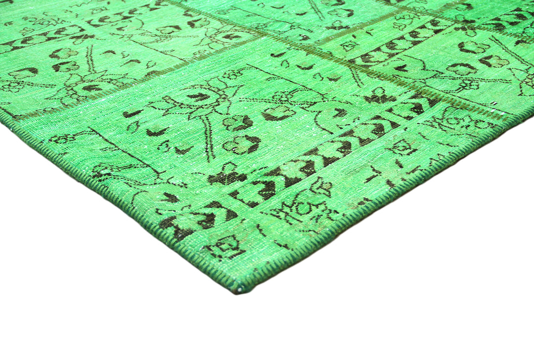 Green Wool Area Rug, 7x10 Area Rug, Patchwork Wool Rug, Overdyed Area Rug, Hand-Knotted Rug, Modern Vintage Rug, Green Patchwork Rug, Luxury Wool Rug, Vibrant Green Rug, Hand-Knotted Wool Rug