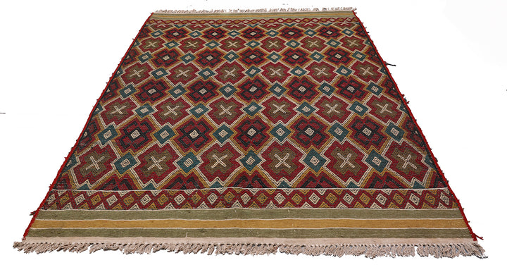 7'x10' Vintage Afghan Kilim Rug – Red, Yellow & Green | Handwoven by Turkman