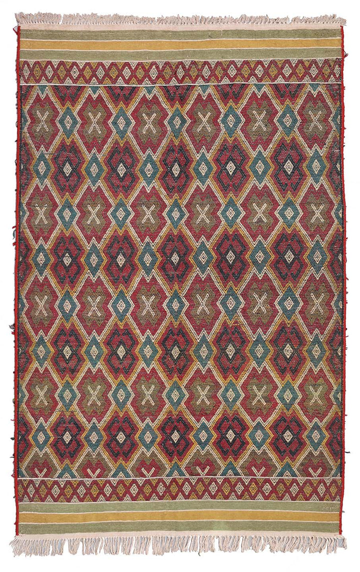 7'x10' Vintage Afghan Kilim Rug – Red, Yellow & Green | Handwoven by Turkman