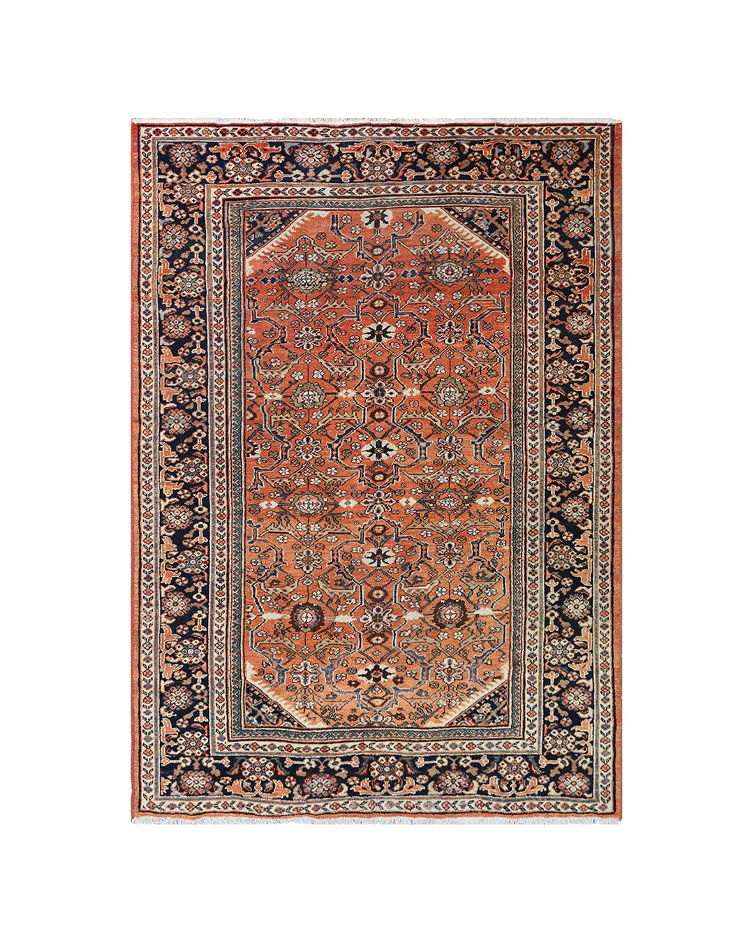 7x10 vintage Persian Mahal hand-knotted wool rug in orange coral navy and ivory
