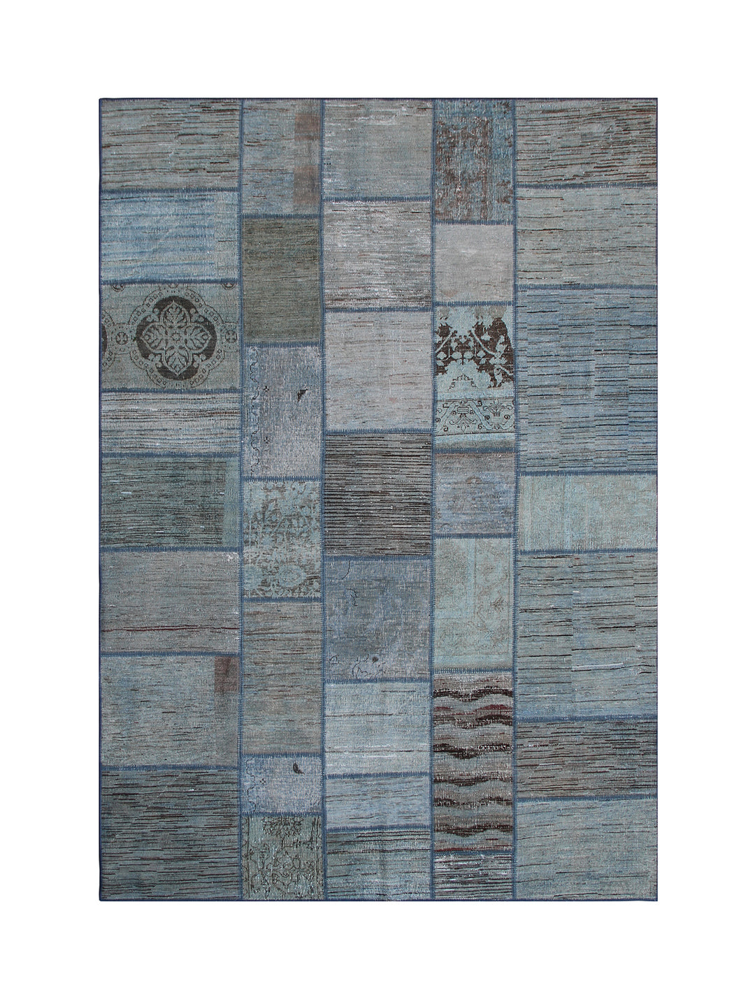 Patchwork rug with blue and gray squares on a white background