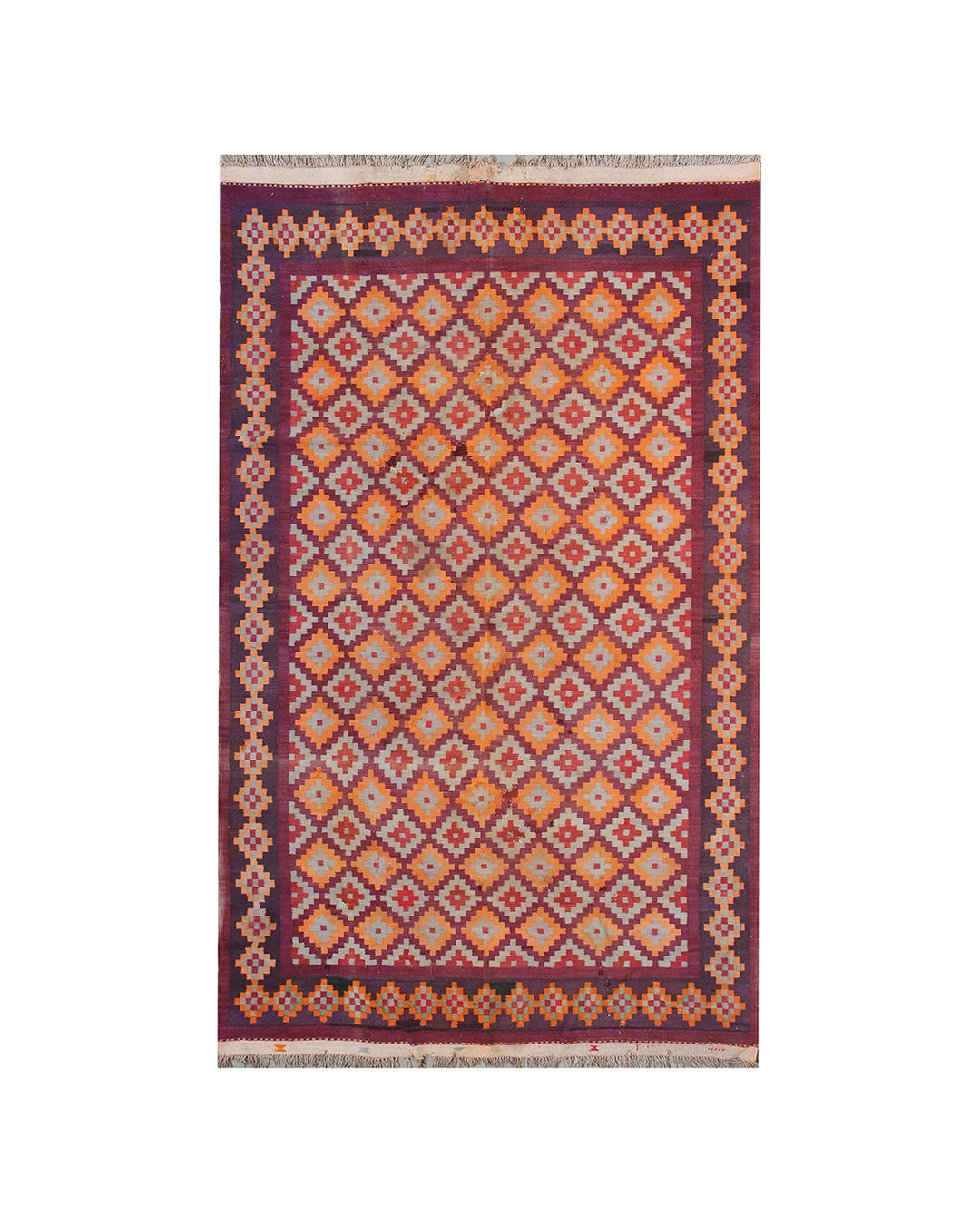 7x12 vintage tribal geometric flatweave wool kilim rug in orange purple and grey by Ariana Rugs