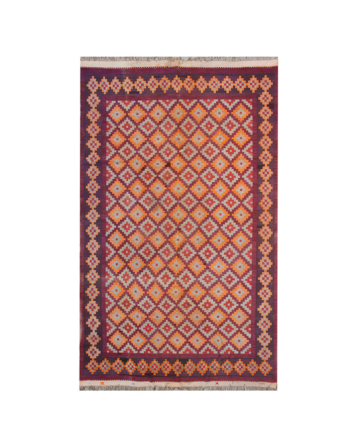 7x12 vintage tribal geometric flatweave wool kilim rug in orange purple and grey by Ariana Rugs