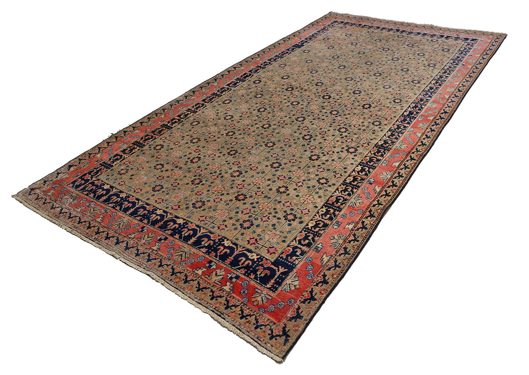 7'x13' Antique Samarkand (Khotan) Allover Pattern Rug | Navy, Pink & Soft Green