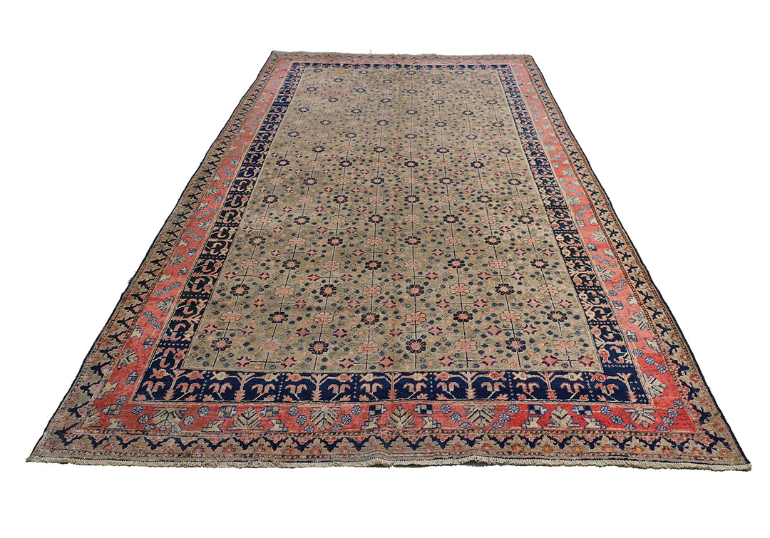 7'x13' Antique Samarkand (Khotan) Allover Pattern Rug | Navy, Pink & Soft Green