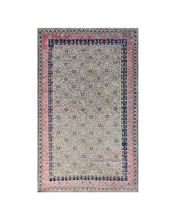 7'x13' Antique Samarkand (Khotan) Allover Pattern Rug | Navy, Pink & Soft Green
