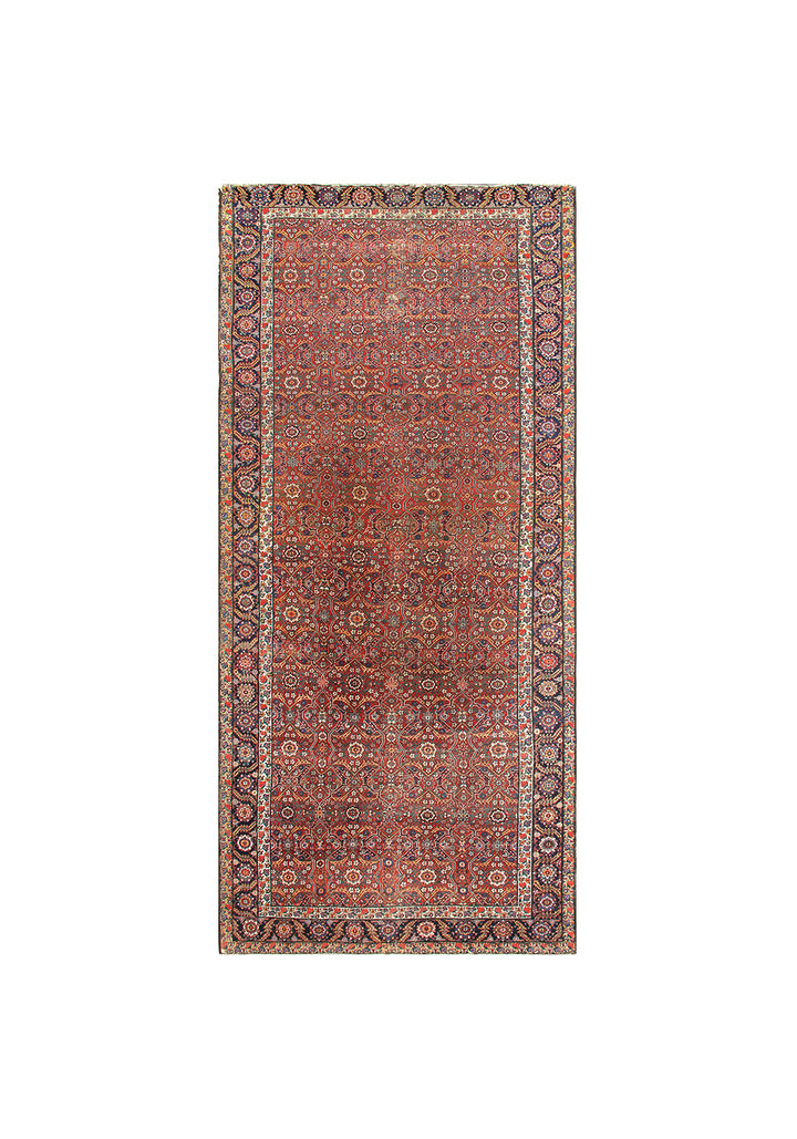 Full-length view of a rare 7x15 gallery size authentic antique 1930s Persian Mahal rug, showcasing a detailed small geometric pattern in rich dark earthtone colors.