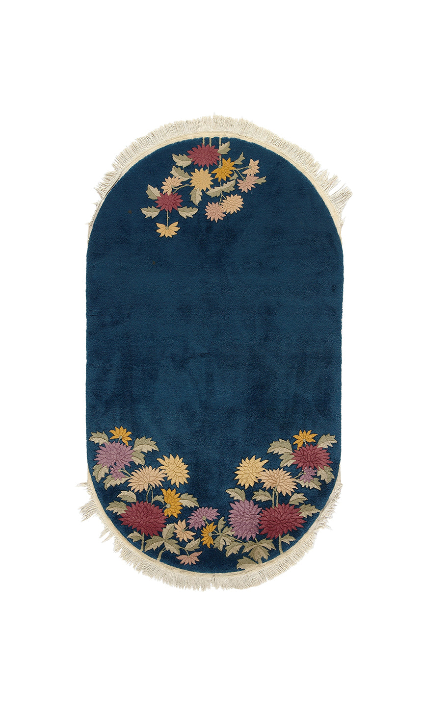 7'x4' Art Deco Rug | Vintage Chinese Rug | Blue Oval Area Rug