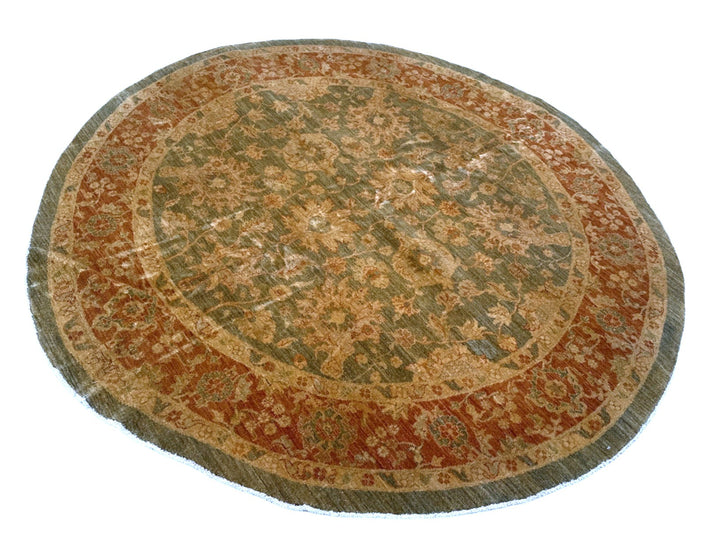 Authentic 7x7 Ariana Traditional Wool Rug - Round Green Terracotta Floral Design