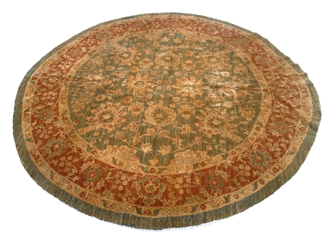 Authentic 7x7 Ariana Traditional Wool Rug - Round Green Terracotta Floral Design