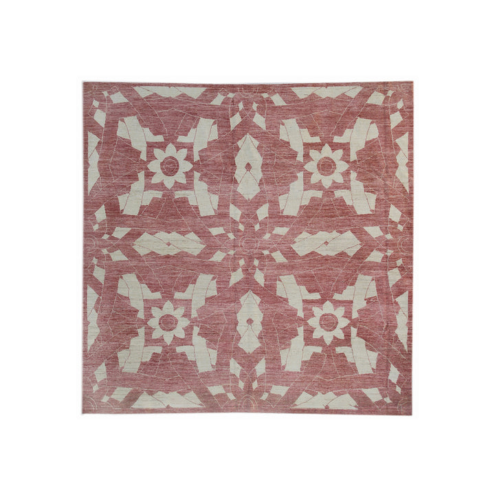 Authentic Ariana Modern Collection 7x7 square wool area rug featuring a contemporary geometric design in a warm terracotta color palette, ethically hand-knotted in Afghanistan.