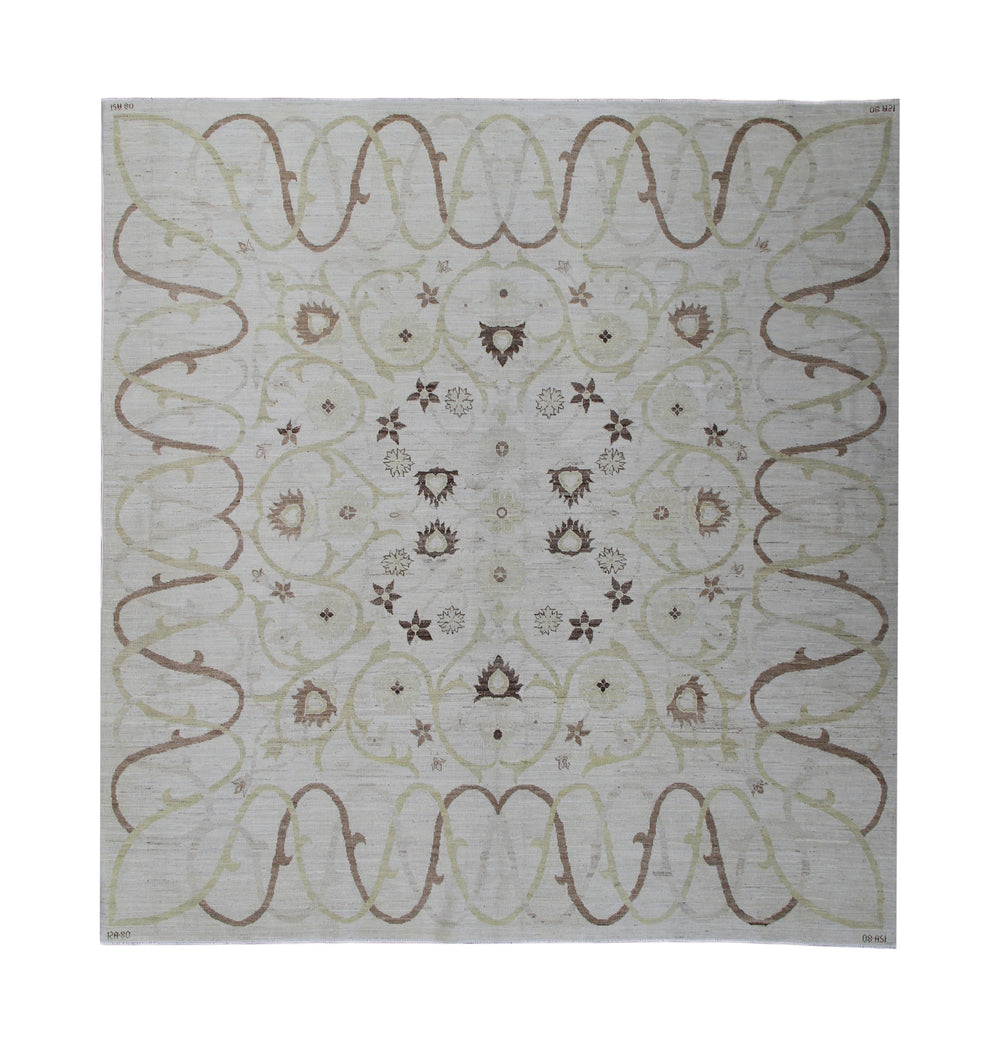 Decorative rug with intricate brown patterns on a white background