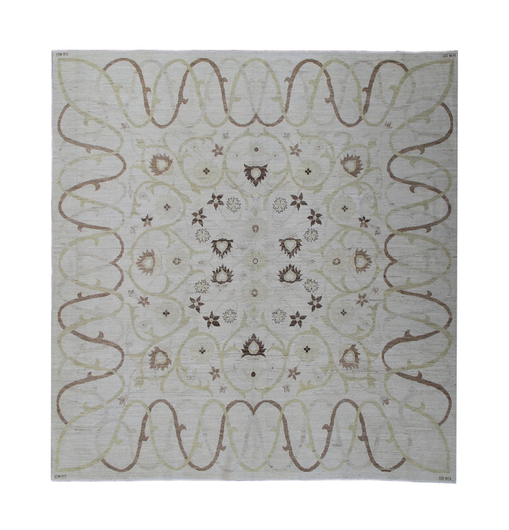Decorative rug with intricate brown patterns on a white background