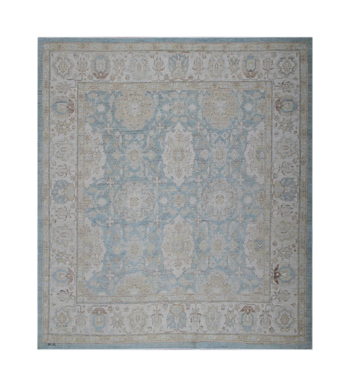 Decorative rug with intricate patterns on a blue background