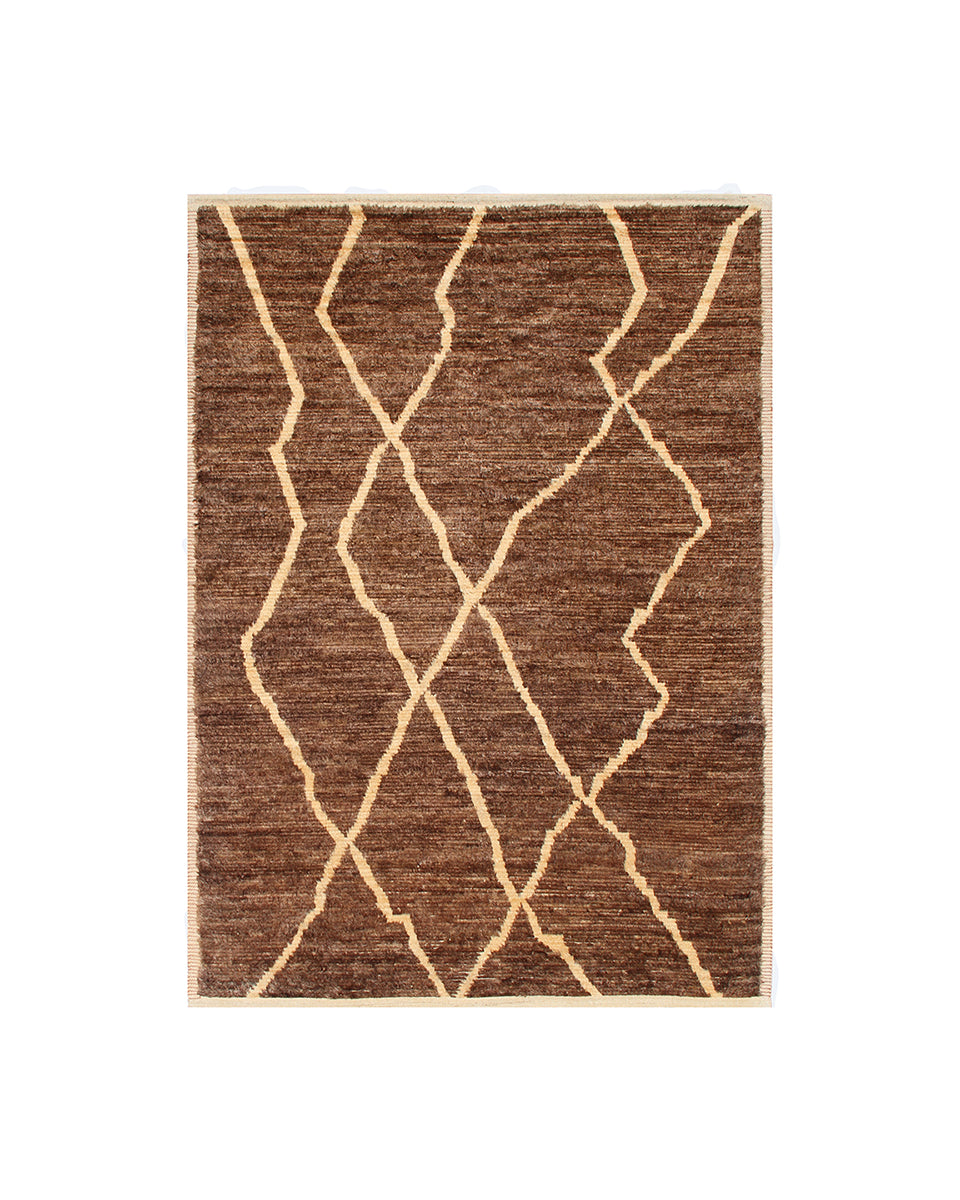 Brown rug with geometric pattern on a white background