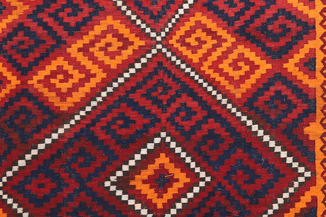 10'x17' Red, Blue Brown and Orange Geometric Pattern Afghan Maimana Kilim