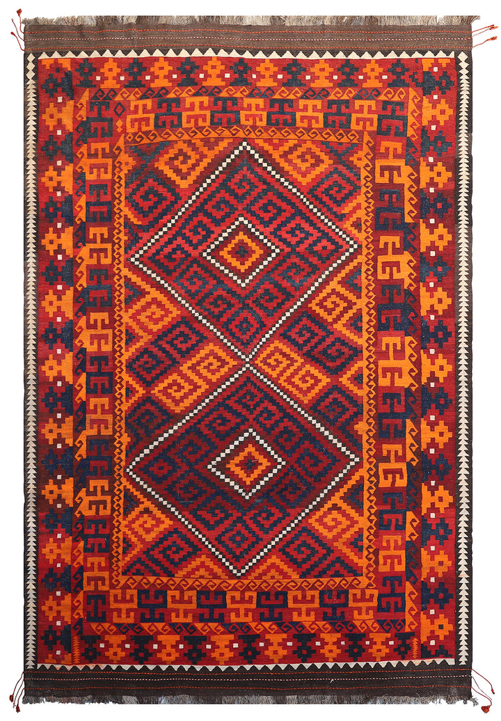 10'x17' Red, Blue Brown and Orange Geometric Pattern Afghan Maimana Kilim