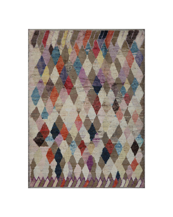 Multicolored diamond pattern rug on a white background
