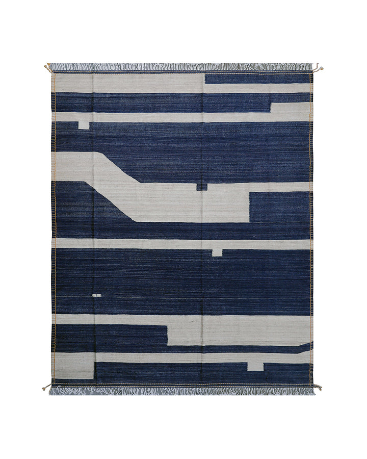 8'x10' Ariana Navy Blue and Ivory Handmade Flat Weave Kilim Rug