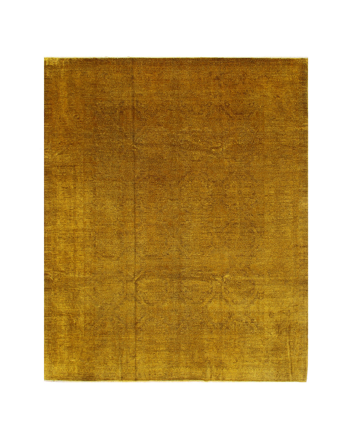 8'x10' golden yellow Ariana overdyed hand-knotted wool area rug featuring a saturated yellow wash and traditional motifs