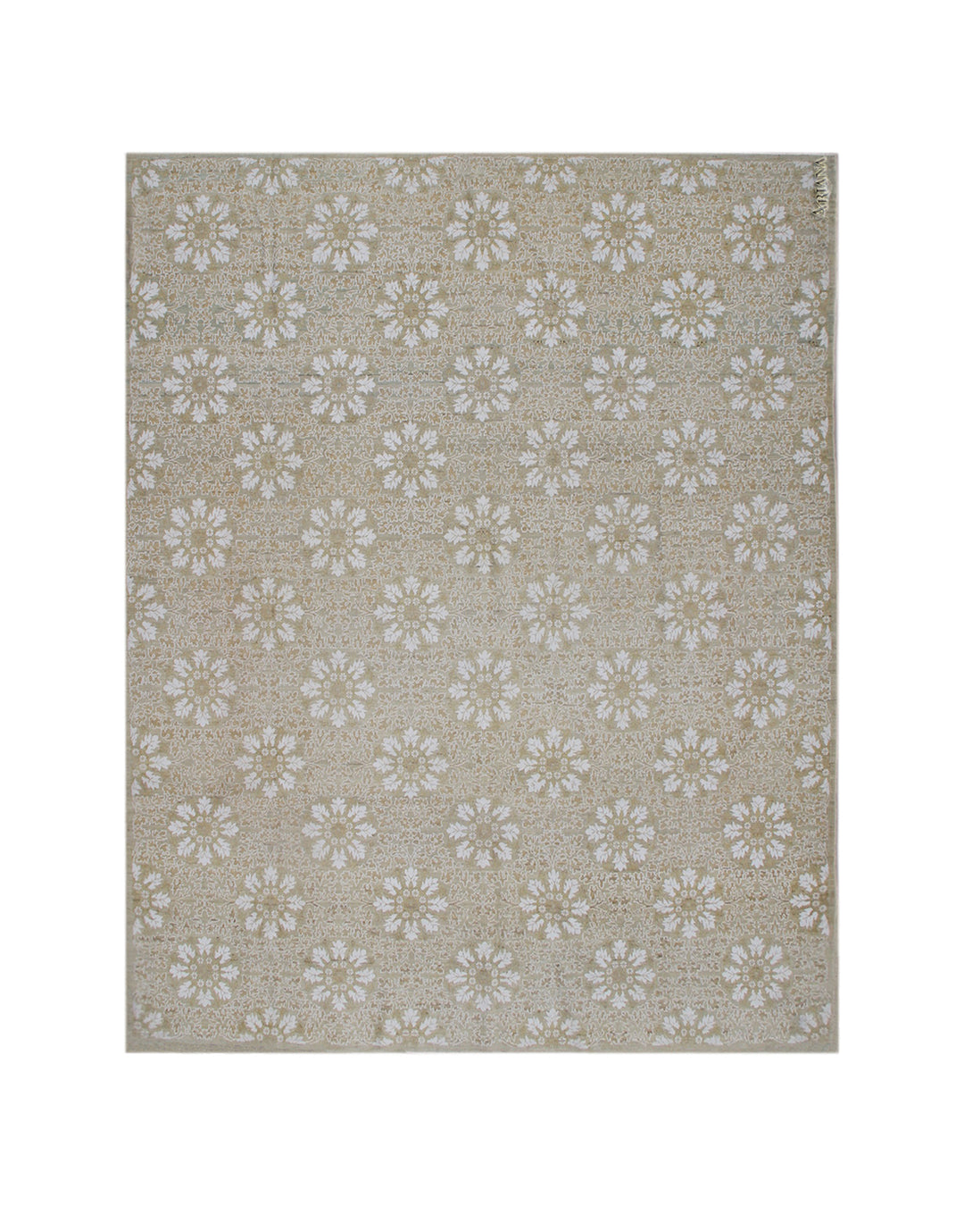 A rectangular area rug with a repeating floral medallion pattern in beige, cream, and light gray tones, shown flat against a white background.