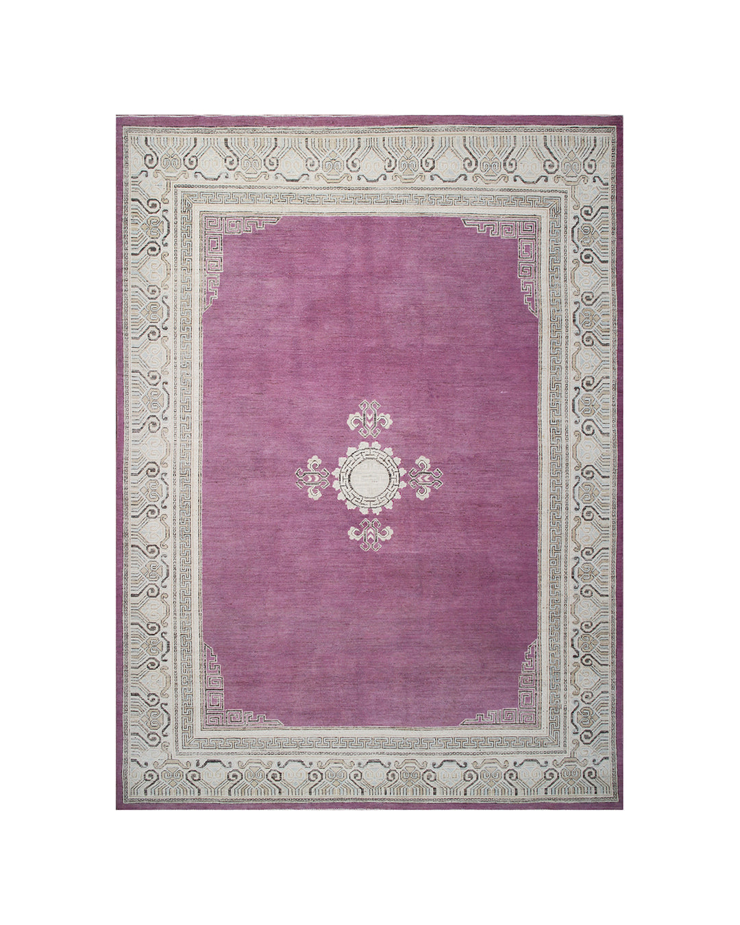 10'7" x 7'8" Hand-knotted Ariana Samarkand area rug with a magenta, pink, cream, and brown medallion pattern.