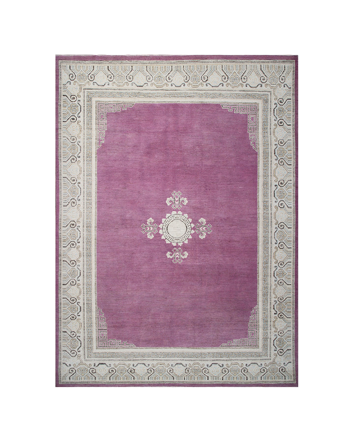 10'7" x 7'8" Hand-knotted Ariana Samarkand area rug with a magenta, pink, cream, and brown medallion pattern.