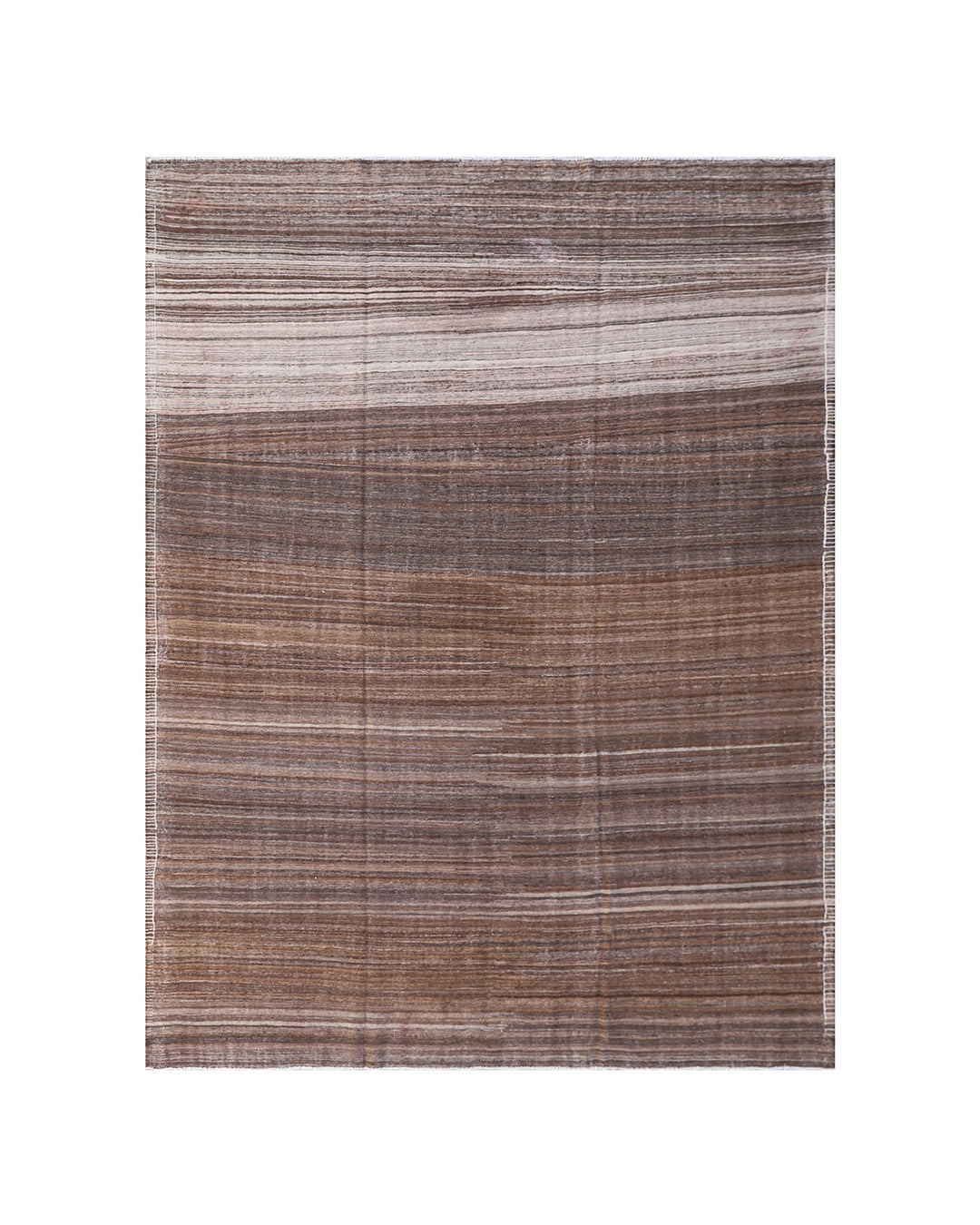 8x10 Ariana Kilim hand-knotted Afghan wool rug in brown and cream ombre pattern, overhead full view.