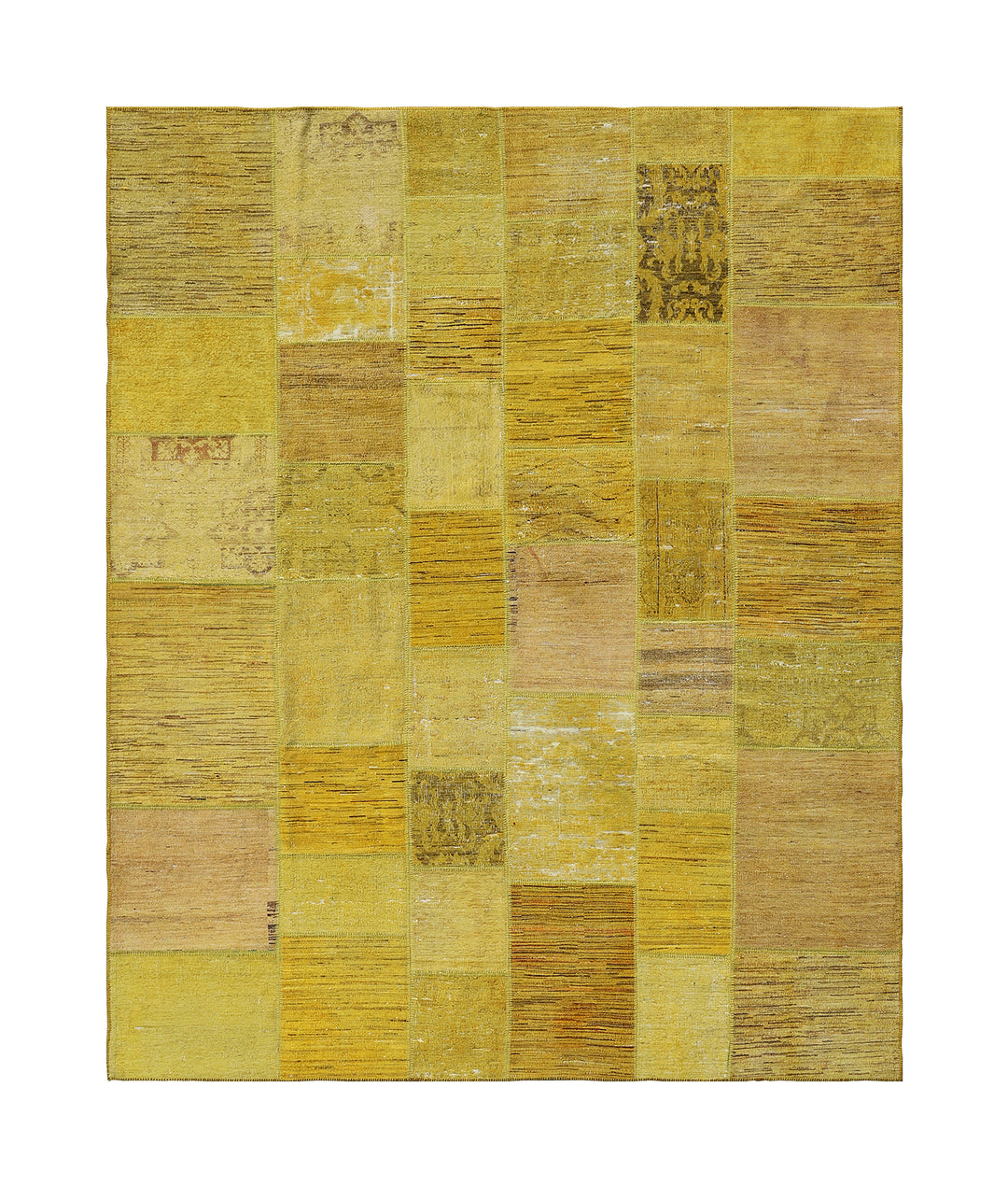 Yellow patchwork rug with square patterns on a white background
