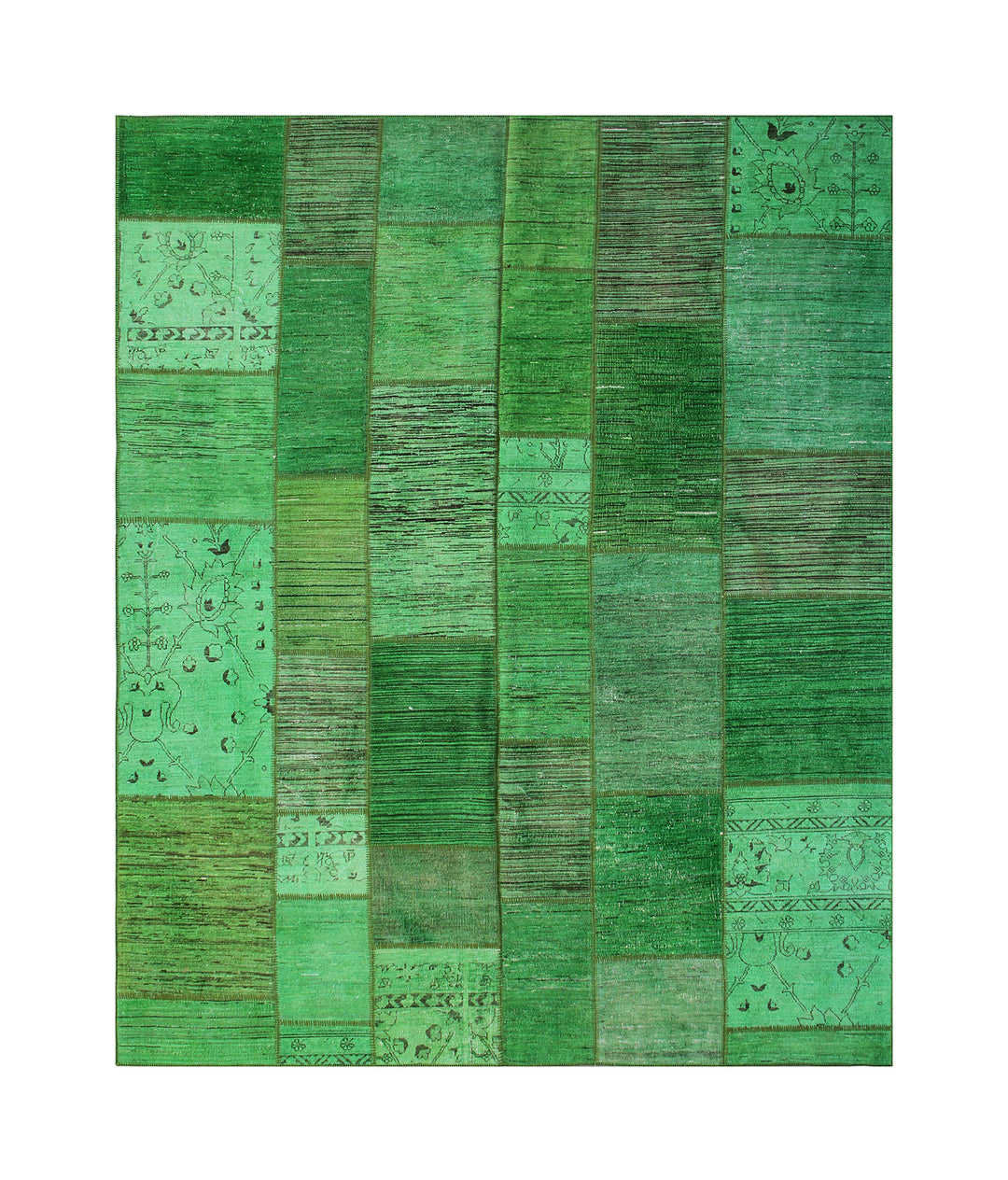 Green patchwork rug with various shades on a white background