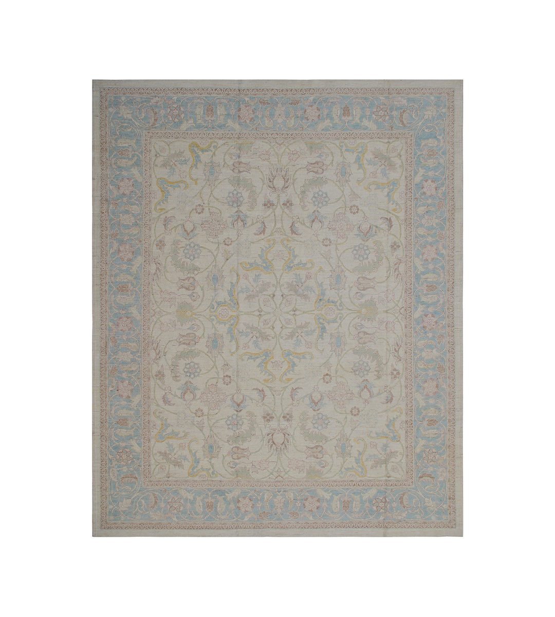 8'x10' Polonaise design Ariana luxury hand-knotted silk and wool area rug in ivory, blue, green, yellow, and brown