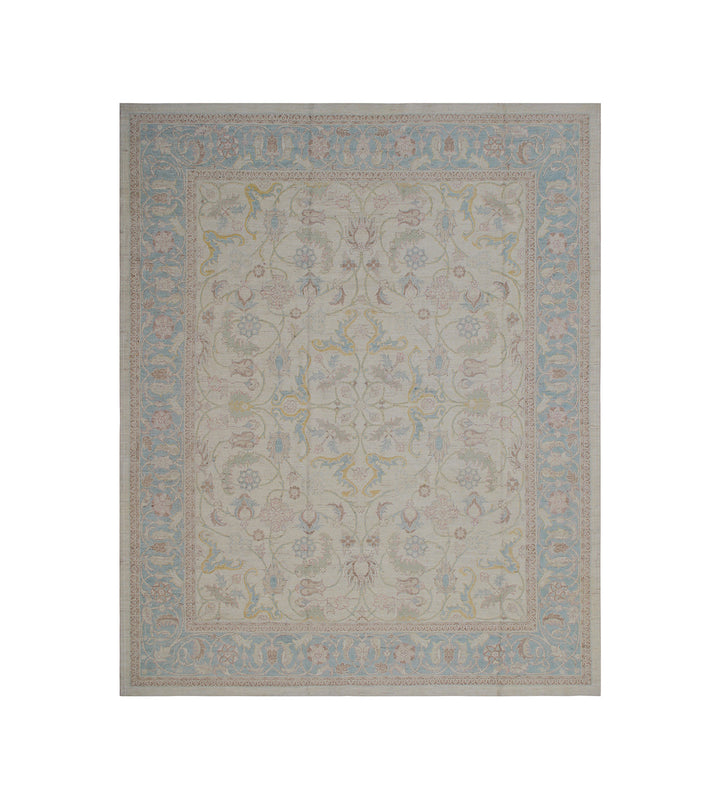 8'x10' Polonaise design Ariana luxury hand-knotted silk and wool area rug in ivory, blue, green, yellow, and brown