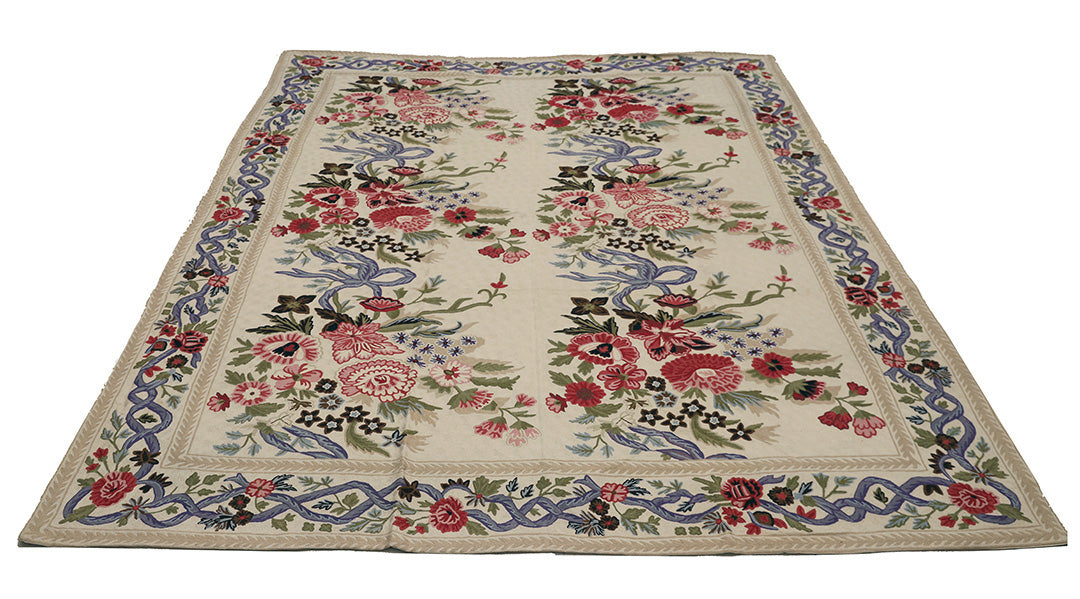 8'x10' Vintage 1980s Indian Chainstitch Rug | Floral Embroidery