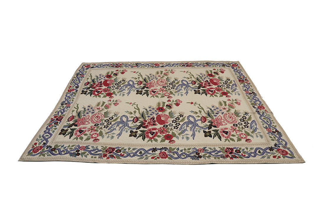 8'x10' Vintage 1980s Indian Chainstitch Rug | Floral Embroidery