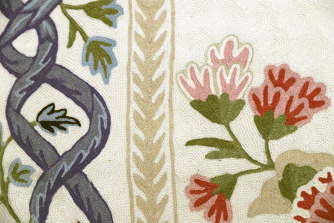 Close-up of a textured fabric with floral and vine patterns.