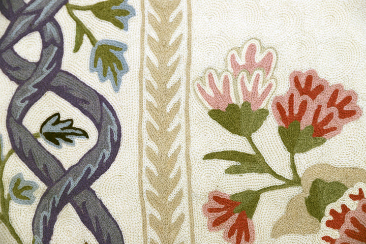 Close-up of a textured fabric with floral and vine patterns.