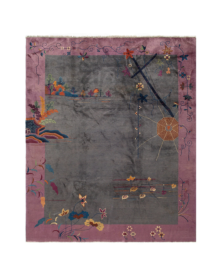 Decorative rug with floral and geometric patterns on a white background