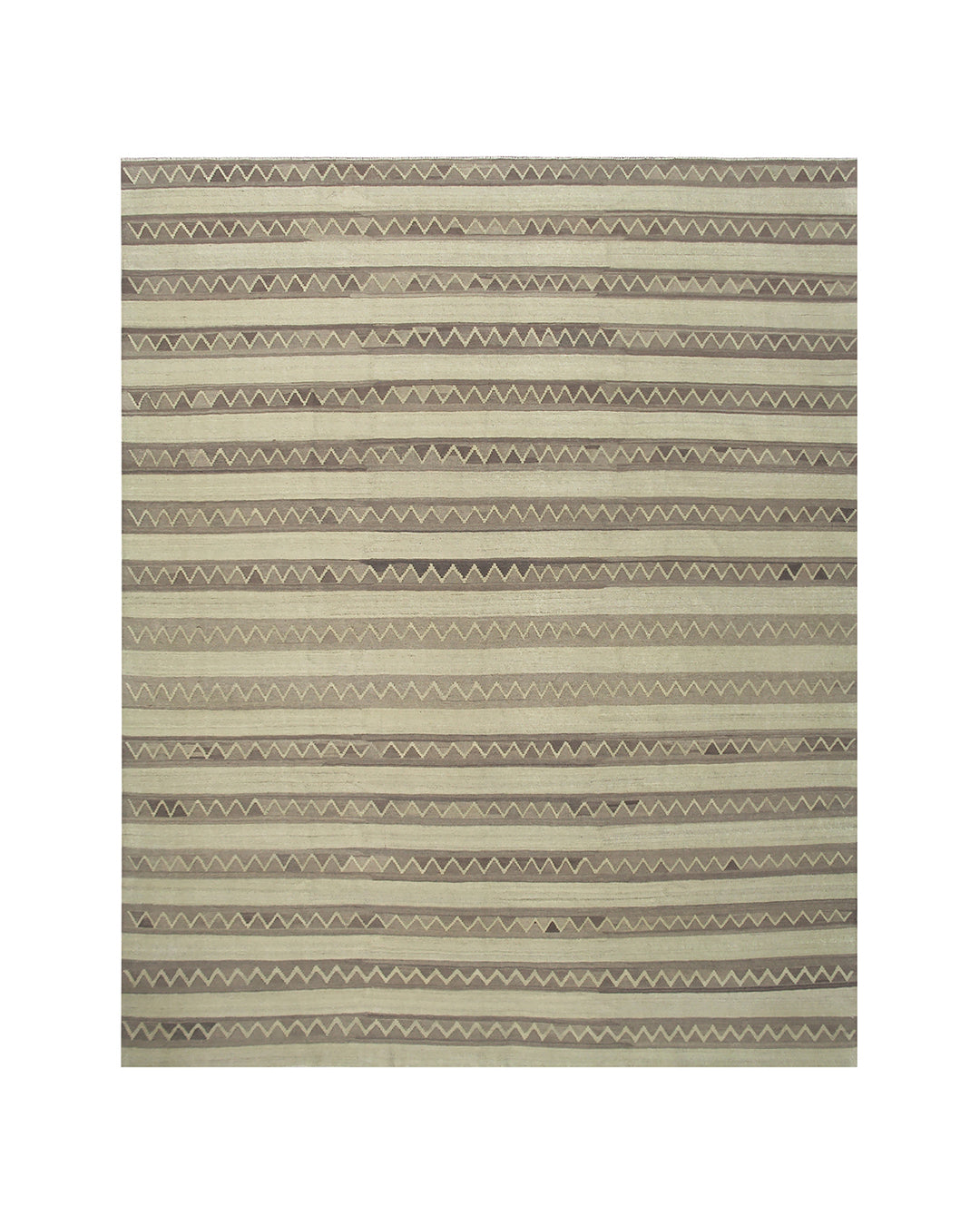 Handwoven green overdyed wool kilim with brown accents and geometric tribal design, crafted by Uzbek artisans in Afghanistan. Luxury flatweave from the Ariana Kilim Collection.