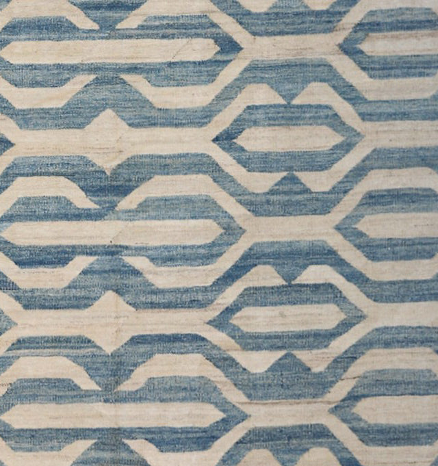 8x10 Blue and Ivory Geometric Ariana Kilim Rug - Hand-woven Flatweave
