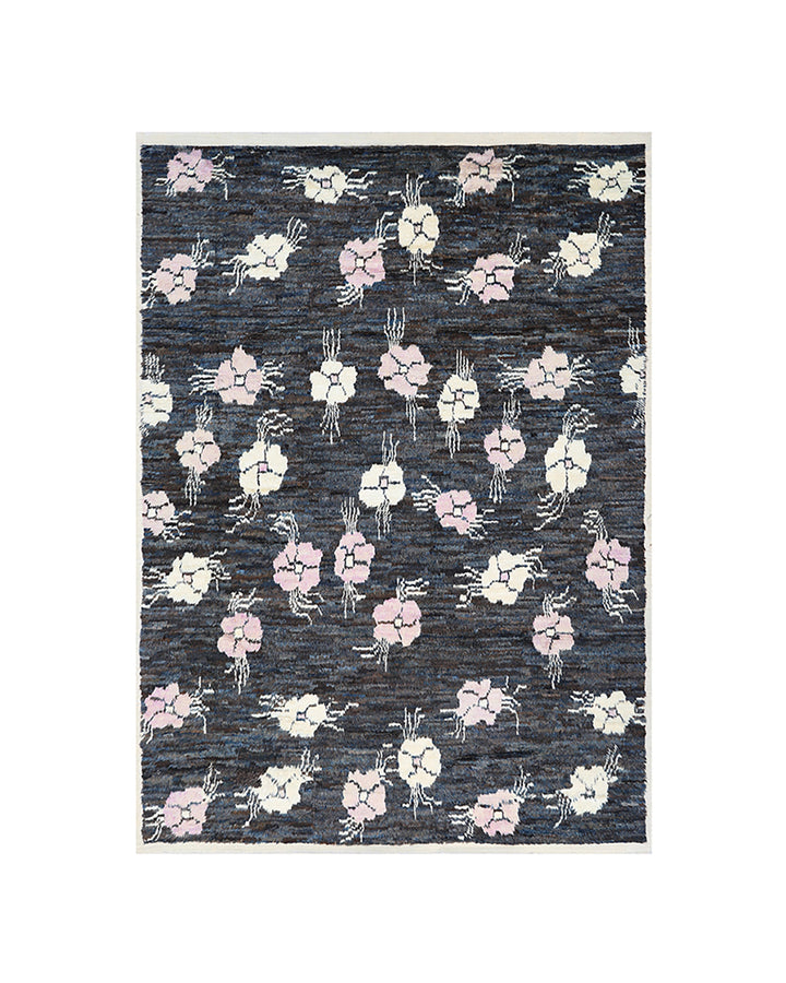 Ariana Barchi Collection: Hand-Knotted Dark Navy and Pink Floral Moroccan Style Rug