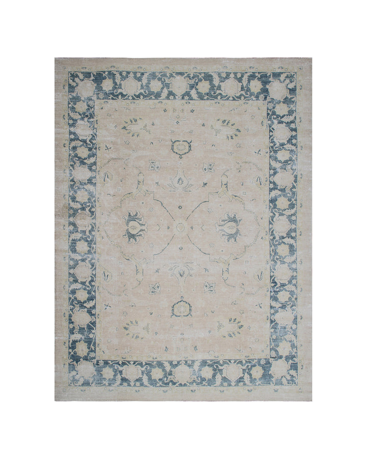 8'x11' Fine Afghan Zigler Mahal Rug | Washed Blue Border | Organic Wool