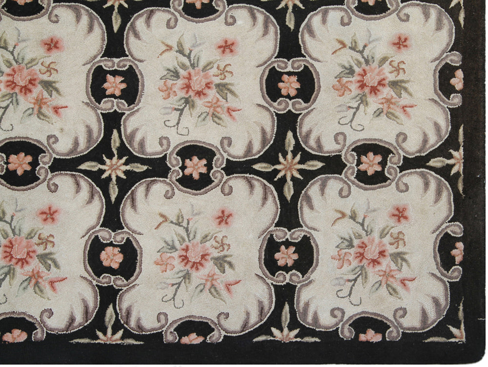 8'x11' Vintage Hooked Rug | Black & Ivory Hooked Area Rug