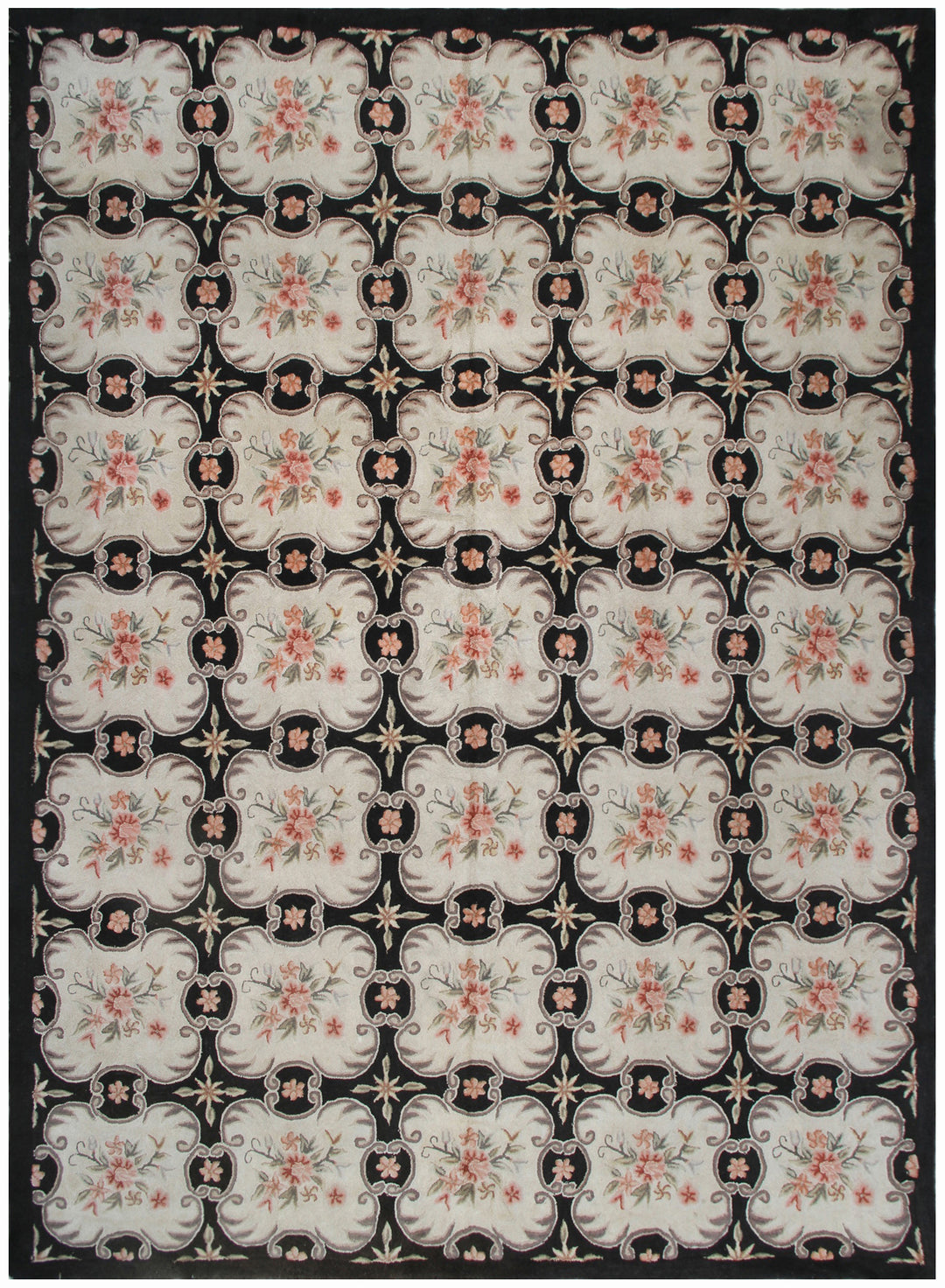 8'x11' Vintage Hooked Rug | Black & Ivory Hooked Area Rug