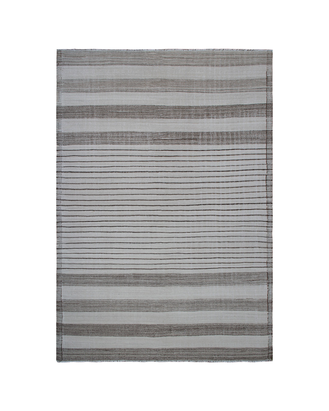 8x11 Ariana Kilim hand-woven Afghan wool rug with earthtone camel, brown, tan, and ivory stripes, full overhead view.
