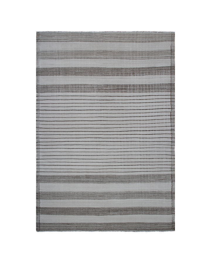 8x11 Ariana Kilim hand-woven Afghan wool rug with earthtone camel, brown, tan, and ivory stripes, full overhead view.