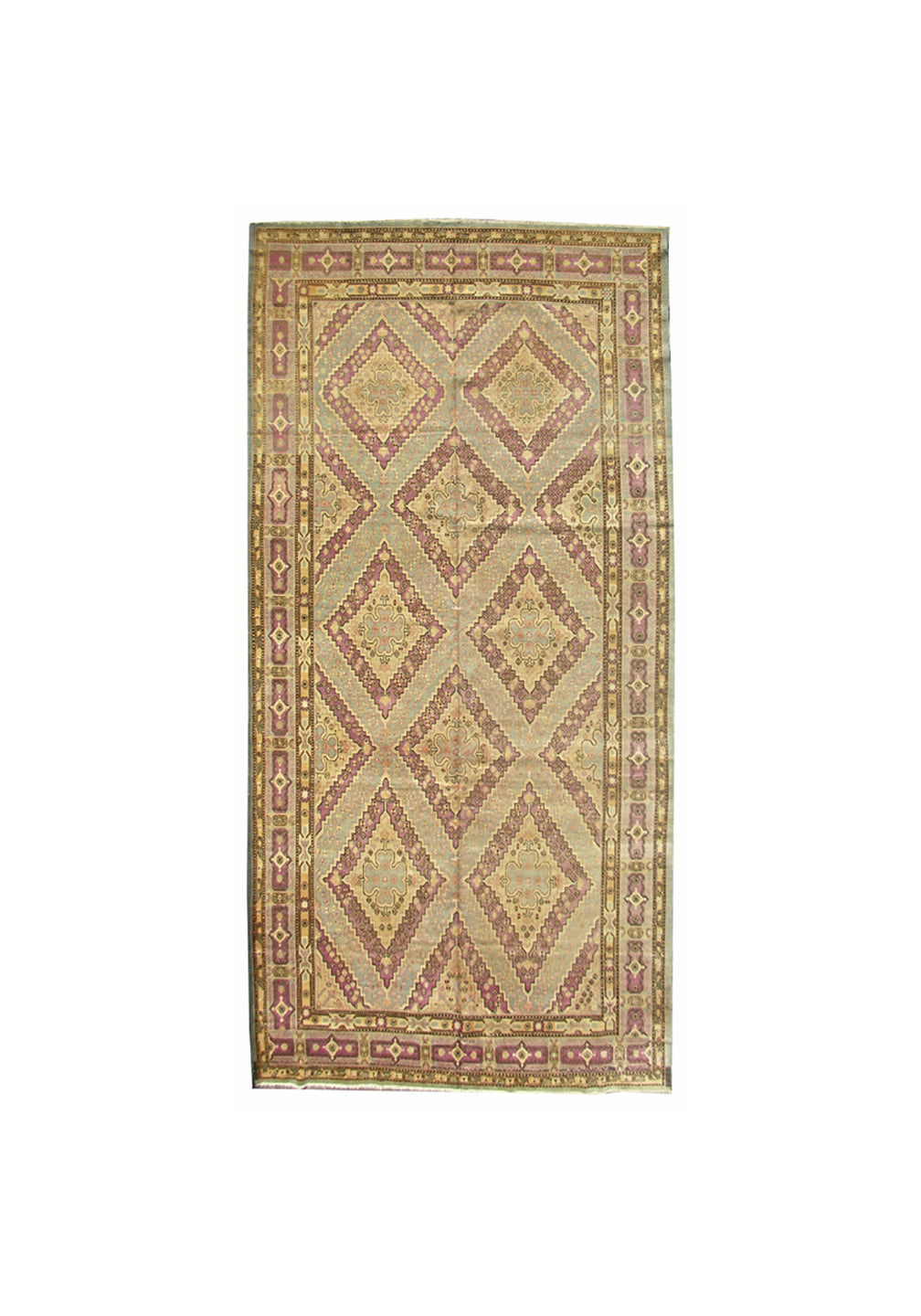 Full view of a rare 8x16 gallery size authentic vintage Yarkand rug, displaying an elegant grey to pale blue field adorned with historic diamond medallions and multiple borders.