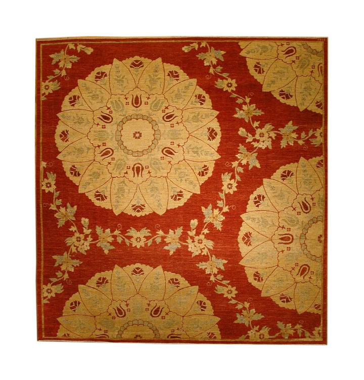 Decorative rug with floral patterns on a red background