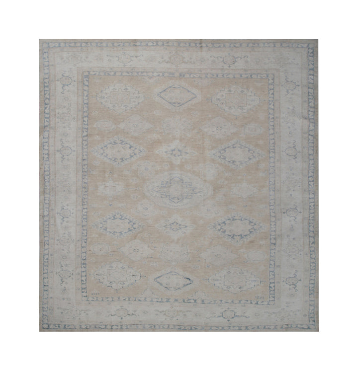 8'x8' Fine Hand-knotted Square Rugs | Ivory & Blue Geometric Rug