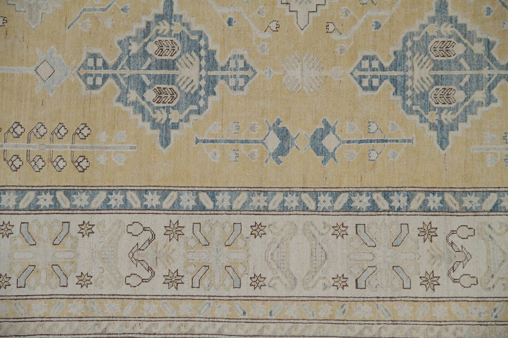 9’x12’ Afghan Rug |Geometric Caucasian Rug | Blue, Soft Yellow & Ivory